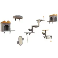 Costway 6 PCS Mur d'escalade pour chats, mur d'arbre à chat à 3 étages avec balle & plates-formes, 2 tanières pour chats, hamac, 1 lit&1 planche à gratter, arbre à chat gris