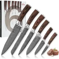 Wakoli Edib Ensemble de 6 couteaux damassés I Lame de 8 - 20,5cm I Bois de Pakka