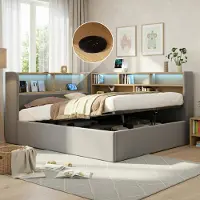 Flieks Canapé-lit hydraulique 140x200cm avec espace de rangement, lit rembourré avec USB et Type-c, lit de jour lit double lit adolescent avec Led, velours, gris