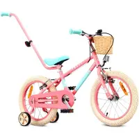 Sun baby Vélo pour fille Vélo enfant pour fille 16 pouces 7,9 kg avec poignée de poussée, roues d'appoint, panier, sonnette et freins V-Brake LOVEL rose