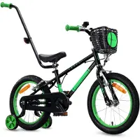 Sun baby Vélo enfant 16 pouces pour garçons de 4, 5 et 6 ans, 7,9 kg, barre de poussée, roues stabilisatrices, panier, sonnette, freins V-brake, autocollants LOVEL, noir et vert