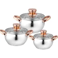 ROYAL SWISS Batterie de cuisine 6 pièces en acier inoxydable avec couvercles en verre. Compatible induction, gaz et électricité. 20/24/28 cm.