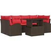 vidaXL Ensemble de canapés de jardin avec coussins et rangement, 7 pièces, marron et rouge