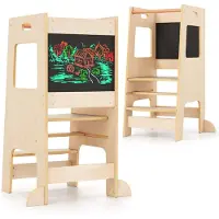 Coast Kitchen Steps for Toddlers - Tabouret en bois pour enfants avec tableau d'activités - Réglable 30/40 cm - Rail de sécurité - Naturel 60 x 49 x 91.5 cm