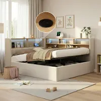 Flieks Canapé-lit hydraulique 140x190cm avec espace de rangement, lit rembourré avec USB et Type-c, lit de jour lit double lit adolescent avec Led, velours, beige