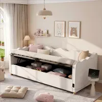 Flieks Canapé-lit hydraulique 90 x 200 cm avec rangement, lit pour adolescent ou enfant avec ports USB et Type-C, lit de jour avec dossier, velours, beige