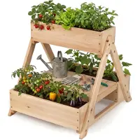 Costway Jardinière surélevée verticale , structure en A, jardinière à deux niveaux en bois de sapin, avec 3 bacs à fleurs et une étagère ouverte, dimensions : 66 x 58 x 60 cm