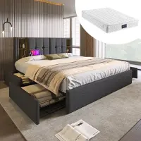 MODFU Lit Double 160x200 cm Lit Adulte Capitonné avec Tiroirs de Rangement et Station de Charge Sans Fil, Ports USB et Compartiments Pratiques - Gris - Matelas Inclus