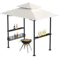 Vigevee Pavillon barbecue à double toit 238 x 148 x 250 cm, beige, abri barbecue avec étagères latérales, crochets et décapsuleur pour le jardin