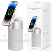 KALANKA -Enceinte Bluetooth Haut Parleur Mag-Safe Chargeur Magnétique sans Fil 4 en 1 avec Veilleuse pour iPhone 17/16/15/14/13/12 AirPods Pro/4/3/2 Series-Gris