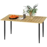 SUGIFT Table de jardin en métal, design à lattes, table d'extérieur en acier résistante aux intempéries avec trou pour parasol, couleur marron | 20 kg | 6 personnes | 150x90x73 cm