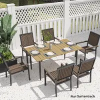 SUGIFT Table de jardin en acier résistante aux intempéries avec trou pour parasol, table de terrasse en métal à lattes, marron | 150 x 90 x 73 cm | 6 personnes | 20 kg