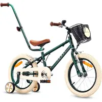 Sun baby Vélo enfant 16 pouces pour garçons de 4, 5 et 6 ans avec barre de poussée, roues stabilisatrices, panier, sonnette, freins V-brake et autocollants LOVEL vert