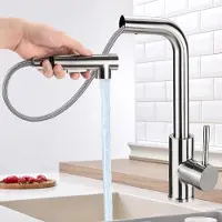 OEM Robinet de cuisine pivotant, rotation à 360 degrés, deux modes de jet, réglage de l'eau chaude et froide, acier inoxydable brossé (modèle L argenté)