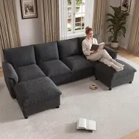 Merax Canapé en U, canapé d'angle 4 places avec 2 poufs, canapé modulaire Cloud avec coffre de rangement, canapé en chenille avec espace de rangement, canapé, canapé de salon, noir