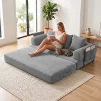 LVHOM Canapé-lit pliable en velours côtelé, Lit de jour modulaire avec structure métallique, Canapé pliant Canapé de sol avec espace de rangement, capacité de charge 300kg, Gris clair