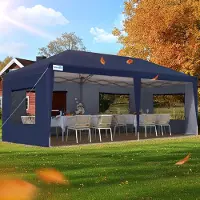 Quictent Tente pliante 3 x 6 m avec 6 panneaux latéraux, tente de jardin avec double ventilation, tente imperméable et stable avec 4 sacs de sable et sac à roulettes bleu