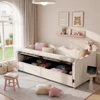 Flieks Canapé-lit hydraulique 90 x 200 cm avec rangement, lit pour adolescent ou enfant avec ports USB et Type-C, lit de jour avec dossier, bouclé, beige