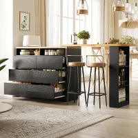 Flieks Table de bar extensible avec espace de rangement et six tiroirs, table de salle à manger, table de bar télescopique 137-215 × 39 × 102,3 cm, noir