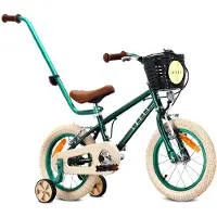 Sun baby Vélo enfant 14 pouces pour garçons de 3, 4 et 5 ans, 7,49 kg, barre de poussée, roues d'appui, panier, sonnette, freins V-brake, autocollants LOVEL, vert