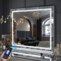 Vanitii Hollywood miroir de maquillage 100cm x 80cm avec éclairage LED 3 modes de lumière cristaux Bluetooth miroir de maquillage pour salle de bain coiffeuse blanc