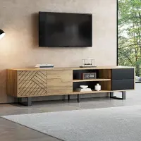 Merax Meuble TV aspect bois avec pieds métalliques, meuble TV bas avec 2 tiroirs et espace de rangement, meuble de salon pour téléviseur 75 pouces, meuble TV en MDF, couleur naturelle