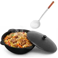 4BIG.fun Fonte plate Kazan 12L NAMANGAN avec couvercle - marmite de camping, WOK, écumoire, BBQ, cuisine d'extérieur, Asie