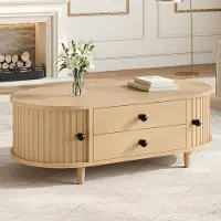 Merax Table basse ronde avec portes coulissantes, table de salon avec 2 tiroirs, table d'appoint en MDF aspect bois pouvant supporter jusqu'à 50 kg, couleur naturelle