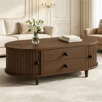 Merax Table basse ronde avec portes coulissantes, table de salon avec 2 tiroirs, table d'appoint en MDF aspect bois pouvant supporter jusqu'à 50 kg, noyer
