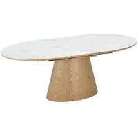 Meublorama Table LUMEA – Céramique effet marbre blanc et MDF plaqué chêne – 160-200 cm – Forme ovale