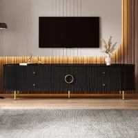 Merax Meuble TV avec structure ondulée 3D, meuble bas moderne avec tiroirs et double porte, meuble TV de salon en MDF avec passage de câbles, noir