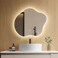 Emke Miroir de salle de bain LED 50 x 45 cm - Anti-buée - 3 couleurs de lumière réglables - Interrupteur tactile - Miroir de salle de bain aux formes organiques avec éclairage