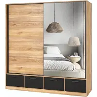 Meublorama Armoire 200cm avec 2 portes coulissantes avec miroirs et 4 tiroirs couleur chêne et noir. Collection EOS