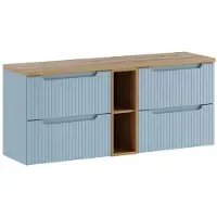 Meublorama Ensemble suspendu VANO bleu denim et chêne clair 140cm : meubles sous vasque à tiroirs avec niches visibles + plan pour vasque