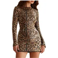 Semoic Robe de Soirée Élégante à Sequins Imprimé Léopard, Manches Longues, Moulante et Extensible pour Femme Brun S