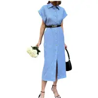 Semoic Robe Chemise Maxi en Coton et Lin pour Femme, Sans Manches, Boutonnée et avec Poches, Ceinturée Bleu L