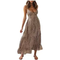 Semoic Robe Longue Dos Nu à Bretelles Nouées et Col en V pour Femme, Jupe Évasée Tendance, Robe de Soirée Élégante Comme Illustré L