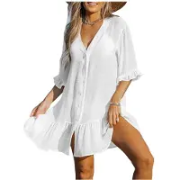 Semoic Robe de Plage à Col en V et Volants pour Femme, Boutonnée, Manches Courtes Blanc XXL