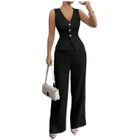 Semoic Ensemble Deux Pièces pour Femme: Blazer Élégant, Gilet à Poches et Pantalon Large Assorti Noir L