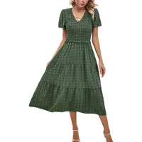 Semoic Robe bohème décontractée pour femmes à manches courtes, col en V, longueur maxi