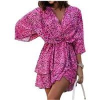 Semoic Robe Jupe à Imprimé Floral Bohème pour Femme, Col en V, Manches Ondulées, Été/Printemps Violet M