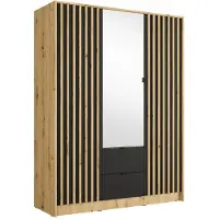Meublorama Armoire TORVIK 3 portes avec miroir, tiroirs et tasseaux noir et chêne 150 cm