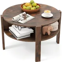 Costway Table basse ronde avec rangement, Table de salon en bois avec 4 étagères, Table basse d'appoint pour salon, bureau, marron