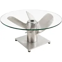 Meublorama Table basse ALUMIA ronde 60 cm aluminium argenté et verre trempé – design industriel pied hélice