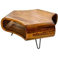 Meublorama Table basse NERA 90 cm en bois massif de Sheesham avec niche et pieds métal noir – style rétro industriel