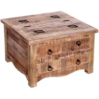Meublorama Table basse carrée LODEN 70 cm en bois massif de manguier avec coffre et 4 tiroirs – style industriel
