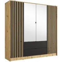 Meublorama Armoire TORVIK 4 portes avec miroirs, tiroirs et tasseaux chêne et noir 200 cm