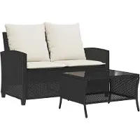 vidaXL Canapé de jardin 2 places avec coussins & table noir Poly rotin