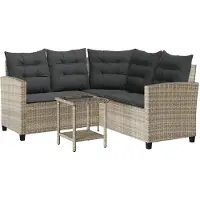 vidaXL Canapé de jardin en L avec table et coussins gris clair Poly rotin