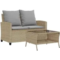 vidaXL Canapé de jardin 2 places avec coussins & table Beige Poly rotin